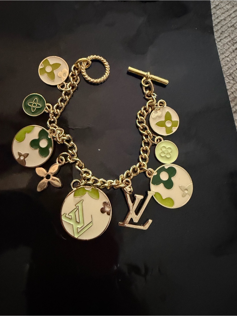 Gold-Tone Charm Bracelet with Green Accents - Pendant, Fashion Jewelry, New